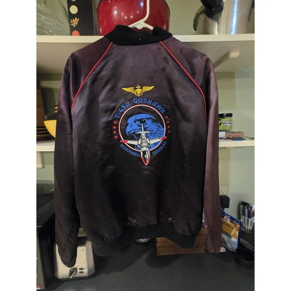 Vintage McDonnell Douglas T-45A Goshawk Satin Bomber Jacket Black Mens XL USA